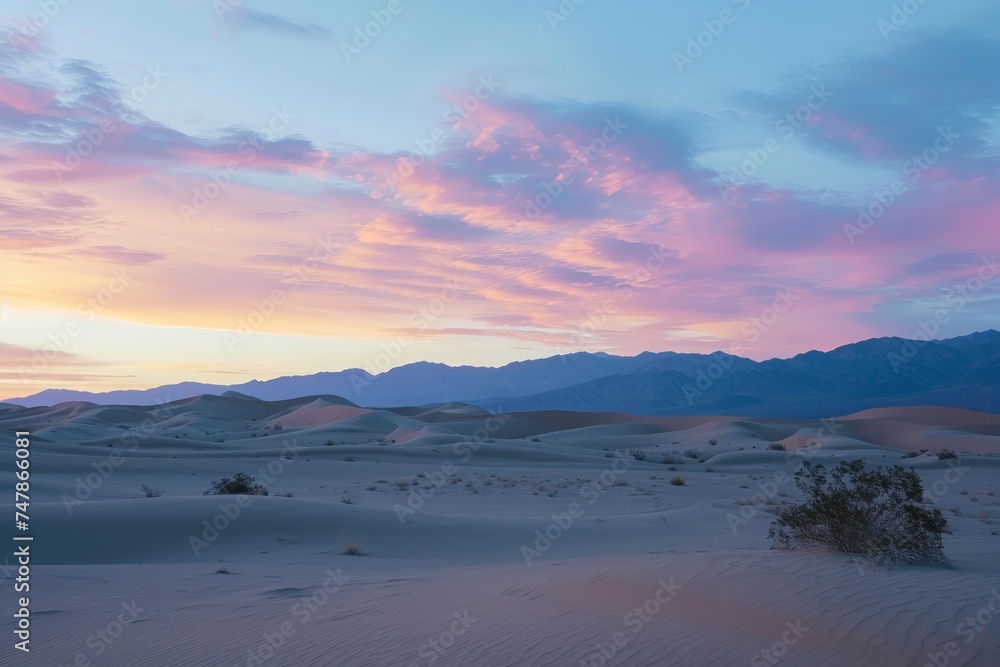 A sprawling desert landscape with towering mountains in the distance, Vast desert with pastel-colored sky, AI Generated