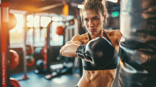 Determined female boxer training with focus and intensity, punching a heavy bag in a gym.