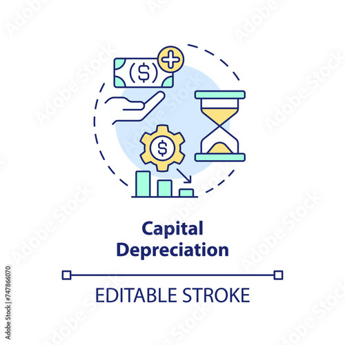 Capital depreciation multi color concept icon. National inflation. Financial distress, economic downturn. Round shape line illustration. Abstract idea. Graphic design. Easy to use in brochure, booklet