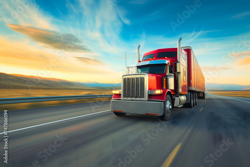 Classic American long-nose semitruck on a highway. Neural network generated image. Not based on any actual scene or pattern.