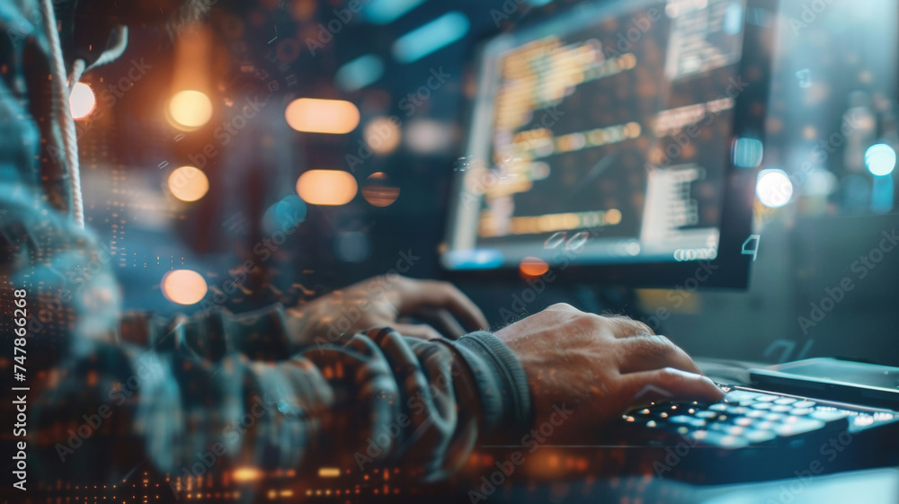 Cybersecurity expert working intensively in a futuristic control room with glowing screens. Cybersecurity expert working intensively in a futuristic control room with glowing screens.