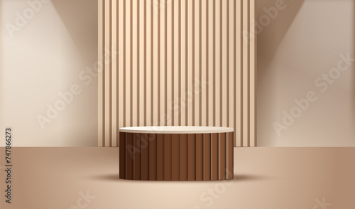 Brown wood podium with white cylinder pedestal background. Vertical wooden pattern background. Light scene for display products, stage showcase design. Vector geometric empty studio.
