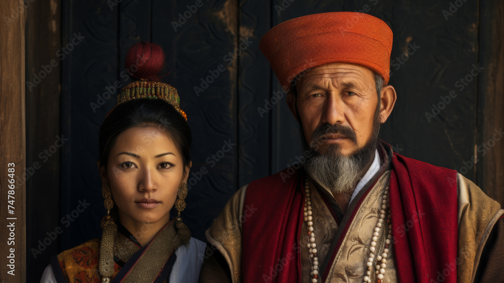 A serene portrait of a man and woman adorned in traditional attire against a dark backdrop.