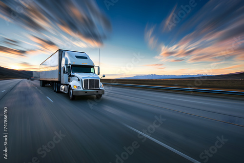 American long-nose semitruck on a highway. Neural network generated image. Not based on any actual scene or pattern. © lucky pics