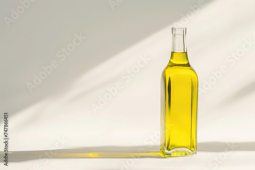 A glass bottle of olive oil, bathed in soft light on white