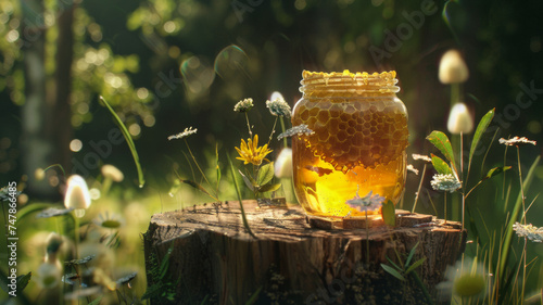 Honey jar on a tree stump, bathed in a golden dawn light with glistening dew.