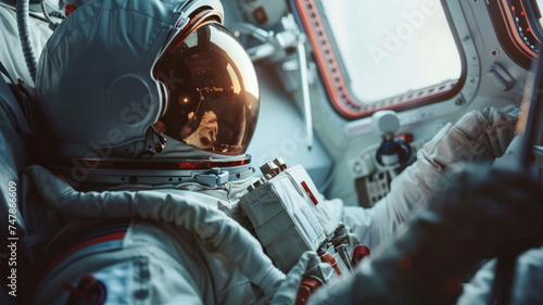 Astronaut in a spacecraft, reflecting on the journey, with Earth's glow in the helmet visor.