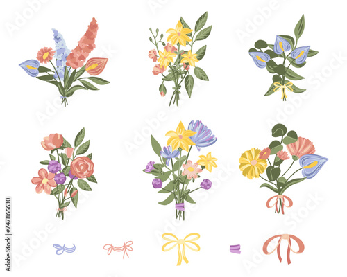 Flower Bouquet. Spring and summer colorful flower bouquets. bows