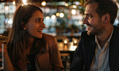 Close-up, young stylish trendy couple in a modern European bar on a date after work. Woman and man are relaxed, smiling, sitting across from each other, date night, isolated shot, bokeh, bar lighting