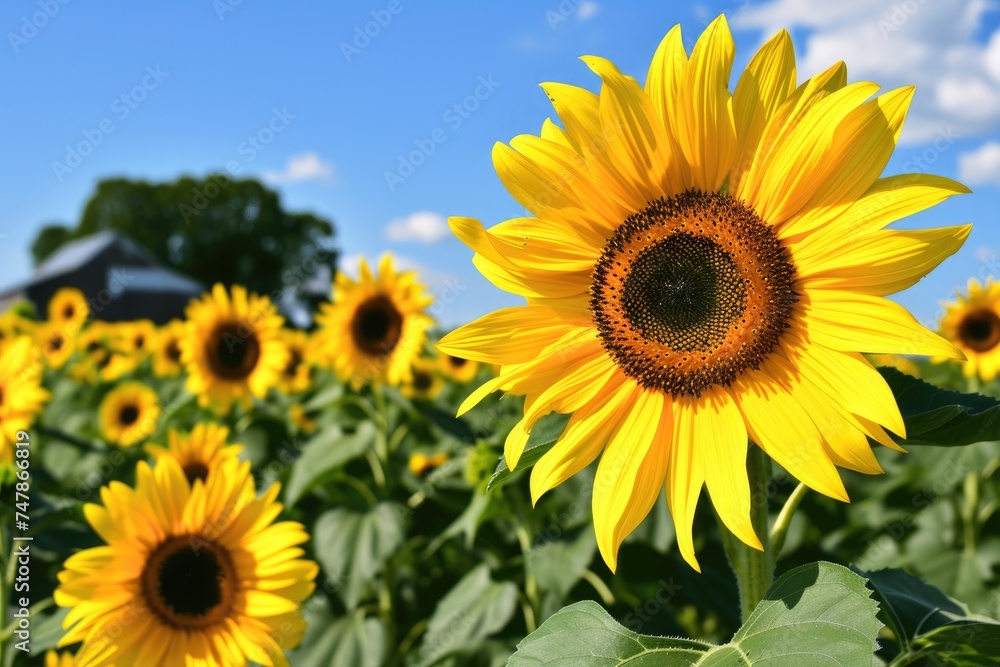 Obraz premium A vibrant field of sunflowers under a clear blue sky, Vibrant sunflowers in a field with a farmhouse in the distance, AI Generated