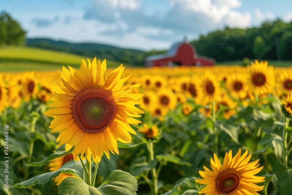 Vibrant Sunflower Field With Barn in the Background, Vibrant sunflowers in a field with a farmhouse in the distance, AI Generated