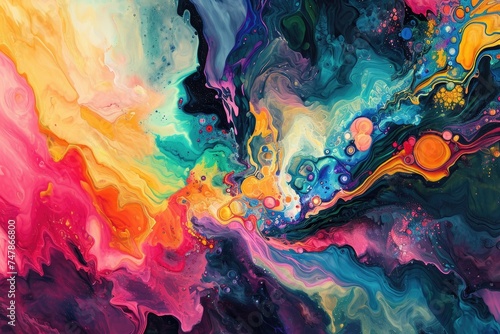 An eye-catching abstract painting featuring a dynamic composition of diverse colors and shapes, Vibrant, pulsating, flowing abstract shapes indicating a future dimension, AI Generated