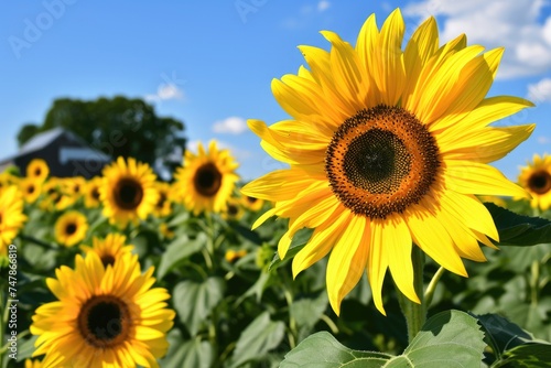 A vibrant field of sunflowers under a clear blue sky  Vibrant sunflowers in a field with a farmhouse in the distance  AI Generated