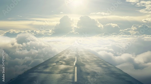 Asphalt road leading into the clouds. Sky cloud landscape