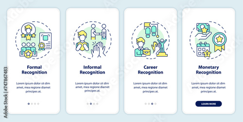 Types of employee recognition onboarding mobile app screen. Walkthrough 4 steps editable graphic instructions with linear concepts. UI, UX, GUI template. Myriad Pro-Bold, Regular fonts used