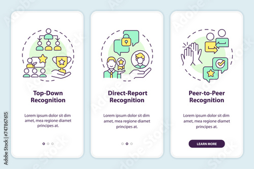 Employee recognition forms onboarding mobile app screen. Walkthrough 3 steps editable graphic instructions with linear concepts. UI, UX, GUI template. Myriad Pro-Bold, Regular fonts used