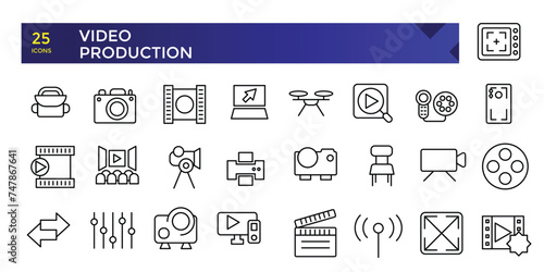 Simple Outline Set of Video Production icons. Linear style icons pack. Minimalist thin linear web ui icon set. vector illustration.