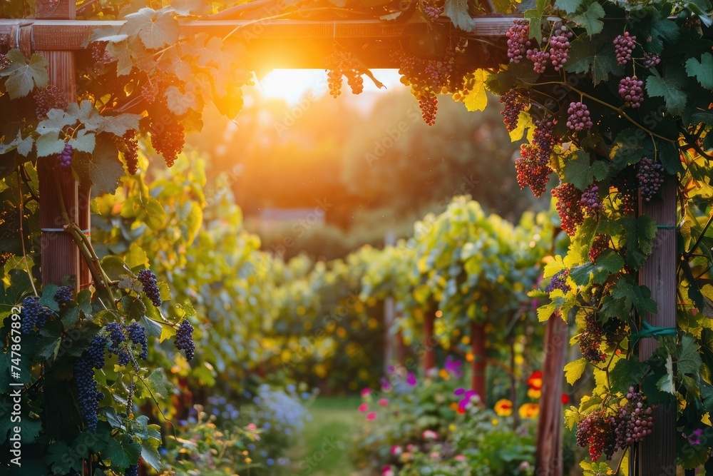 Sunlight Filtering Through Vines in the Garden, Vineyard during sunset, with an array of grapes and a wooden arch decorated with flowers, AI Generated