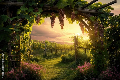 A Vibrant Green Field Adorned With Abundant Multicolored Flowers, Vineyard during sunset, with an array of grapes and a wooden arch decorated with flowers, AI Generated