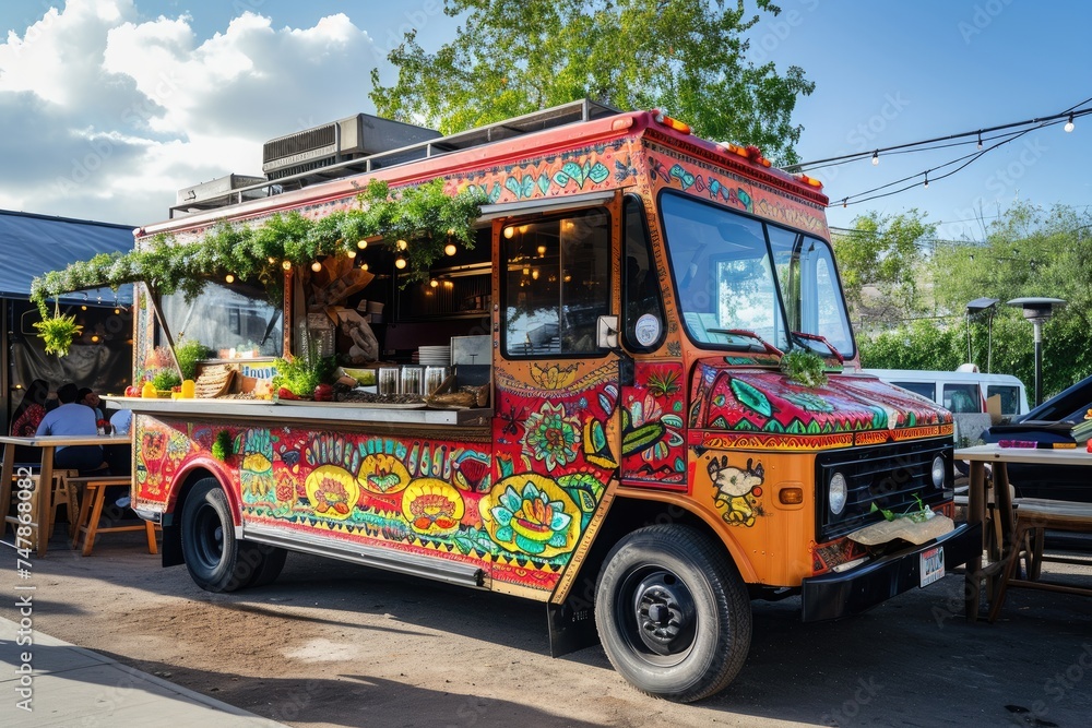 A vibrant food truck parked on the side of the road, serving a variety of delicious cuisine to hungry customers, Vintage food truck selling delicious tacos, AI Generated