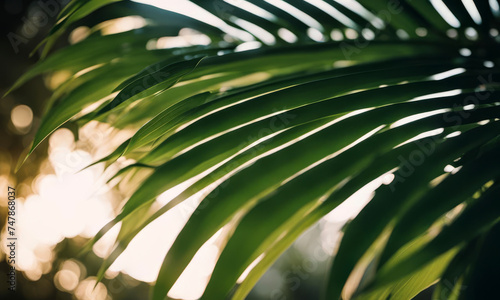 Close up of palm leaf with sunlight in tropical garden