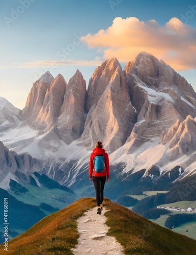Young sporty female hiker on idyllic trail in awesome dolomite mountain landscape. View to iconic Marmolada summit. Hiking near Gardena Valley in South Tyrol, Italy Generative AI photo