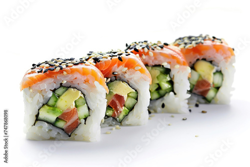A perfectly crafted sushi roll isolated on a white background