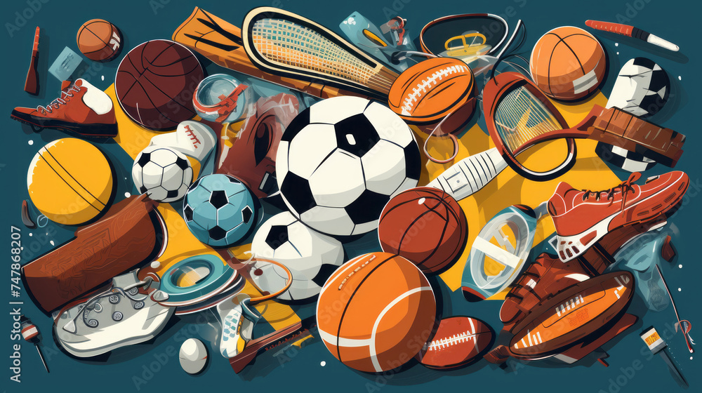 Top view of different kinds of sports equipment. Vector illustration style Top view of different kinds of sports equipment. Vector illustration style