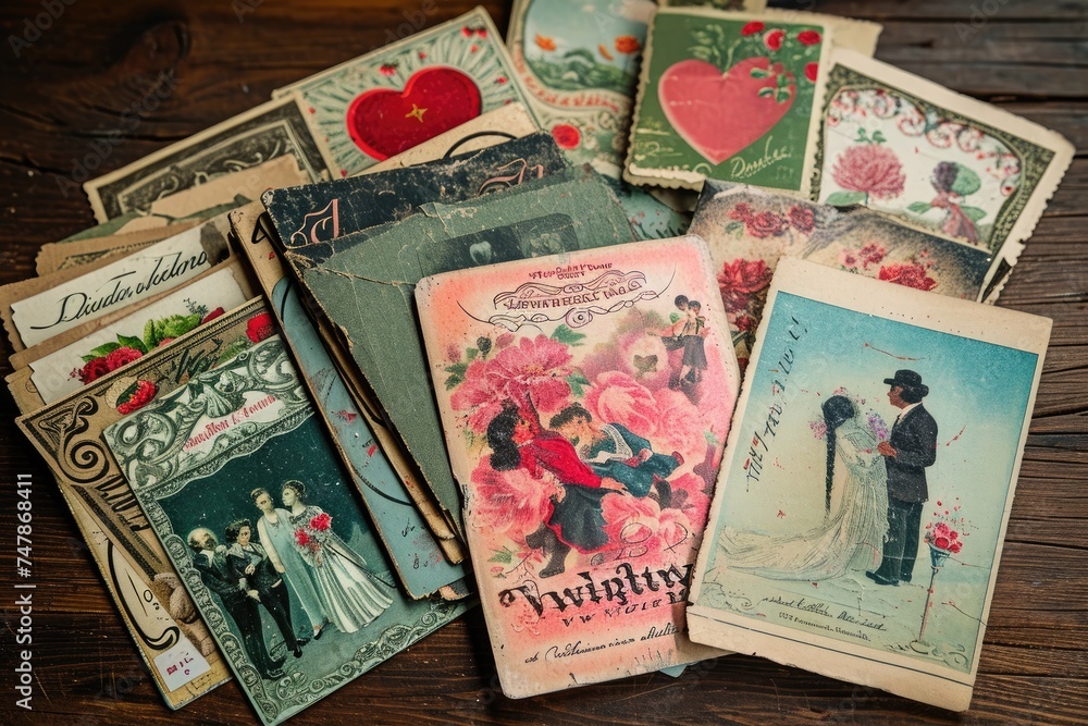 A colorful assortment of vintage Valentines Day cards showcasing various designs and themes from different eras, Vintage Valentineâ€™s day postcards spread out, AI Generated