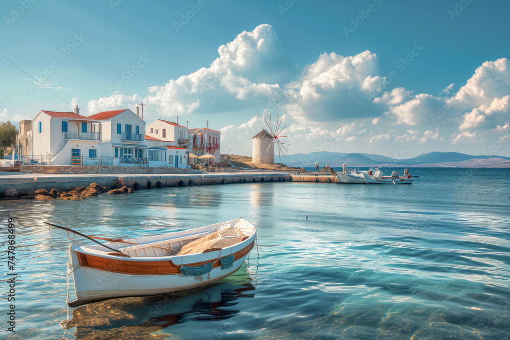 Serene Coastal Village with Windmill and Boats