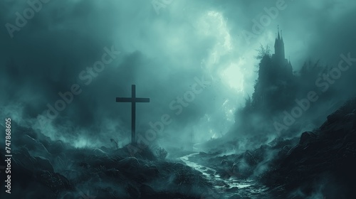 Gothic Easter: Mysterious Cross and Cathedral in Misty Landscape 