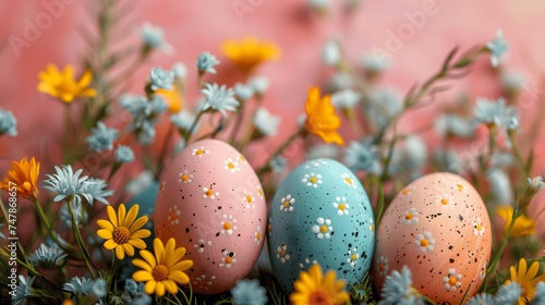 Pastel Easter Eggs Amidst Spring Daisies with Coral Hues 