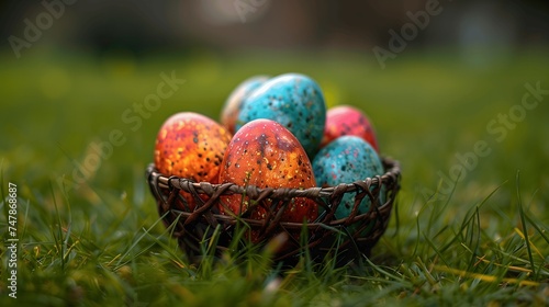 Vibrant Easter Eggs in Wicker Basket on Lush Spring Lawn
