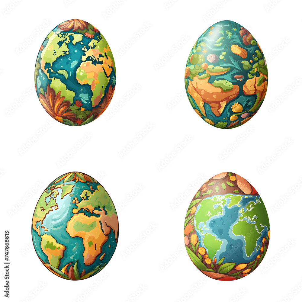 Set of various design of painted eggs in earth design isolated on transparent background, cut out, png, collection of colored eggs Set of various design of painted eggs in earth design isolated on transparent background, cut out, png, collection of colored eggs