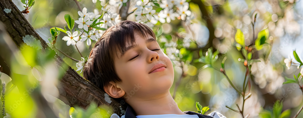 Portrait of a relaxed child, leaning against a tree in spring or summer. Portrait of a relaxed child, leaning against a tree in spring or summer.