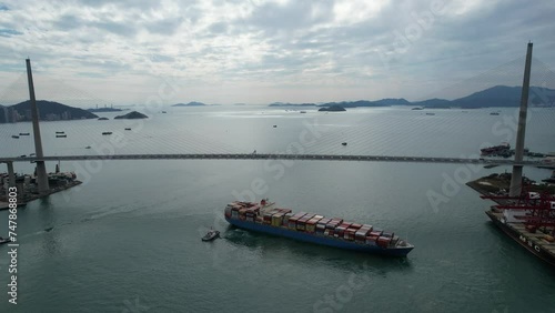 Kwai Tsing Container Terminals near Stonecutters Bridge, the main Far East Asia-Pacific trade shipment logistic port facility along between Kwai Chung and Tsing Yi, Hong Kong, China, Asia, Drone Aeria photo