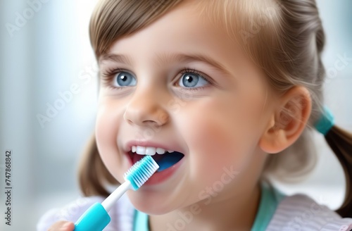 Morning routine, smiling happy child brushing teeth with toothbrush. Dental hygiene of little boy, medical care