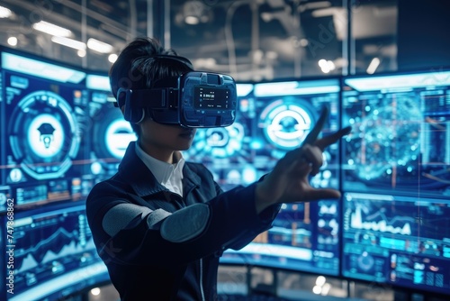 A person wearing virtual reality glasses interacting with a computer display, Virtual reality scene depicting cybersecurity training, AI Generated