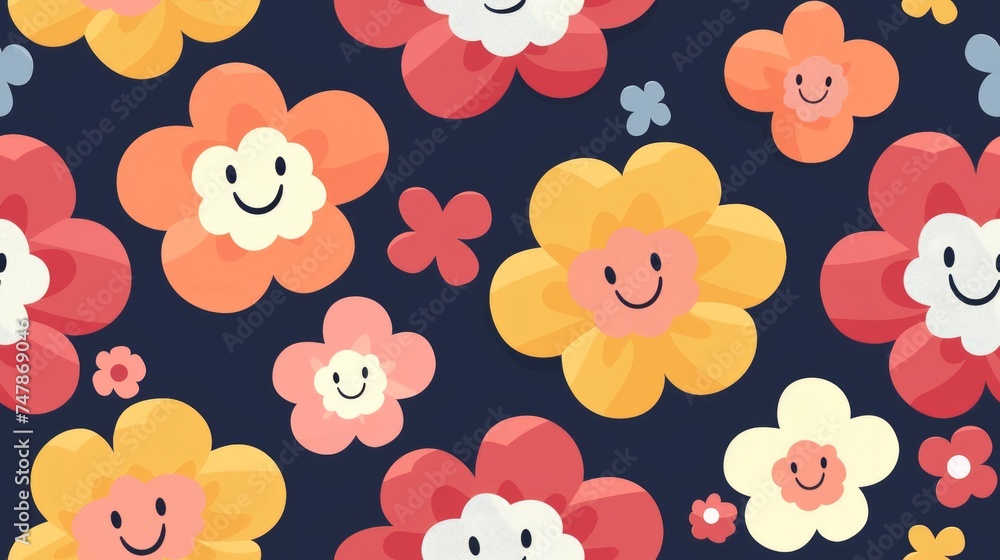 funny kawaii smile face flowers, seamless pattern, on blue navy pastel background