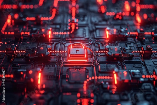 A close-up photo of a padlock securely fastened on a computer circuit board illuminated by red lights, Visualisation of a strong password resisting hacking attempts, AI Generated