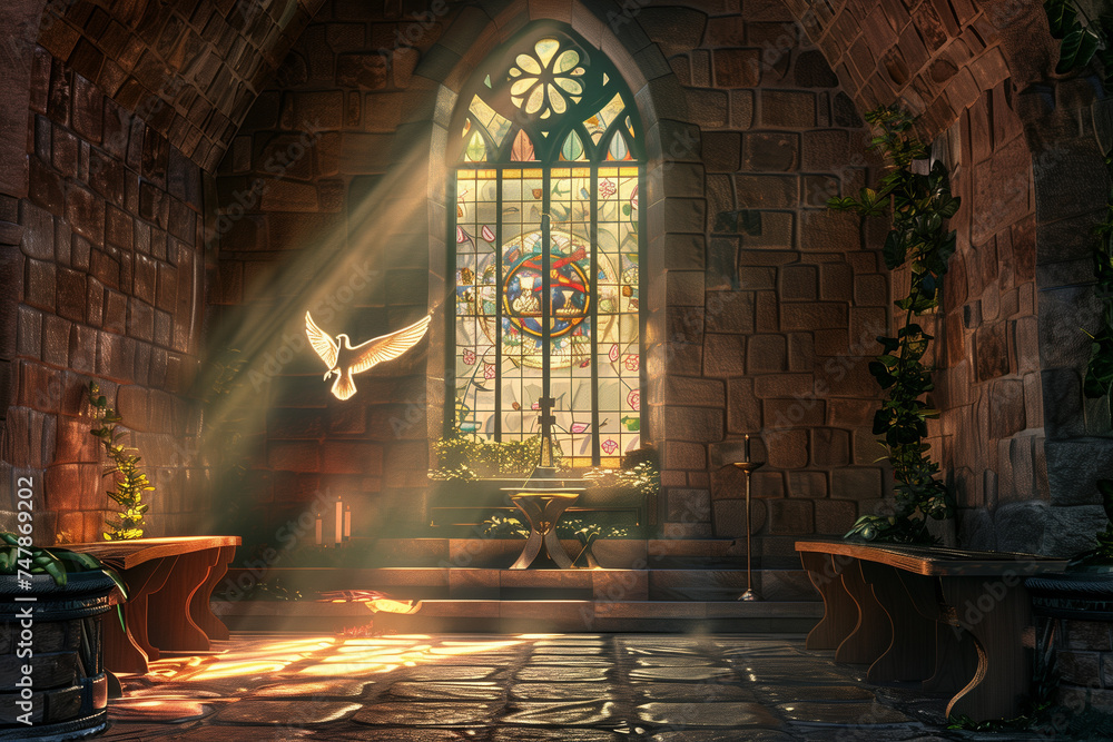 picture shows a warm-lit stone church with a stained glass window of a dove, chalice, and bread. picture shows a warm-lit stone church with a stained glass window of a dove, chalice, and bread.