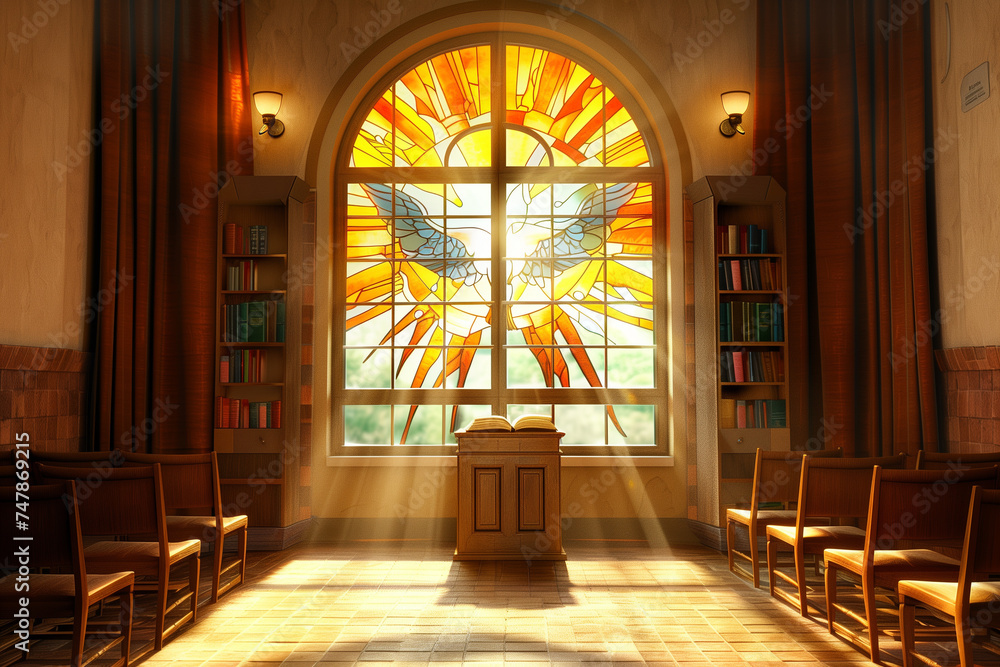 A brightly lit room with empty chairs bathed in warm light from a stained glass window