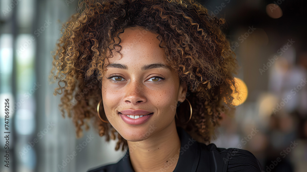 An image capturing a woman's unique curly hairstyle and chic accessorizing with gold earrings, face not shown An image capturing a woman's unique curly hairstyle and chic accessorizing with gold earrings, face not shown