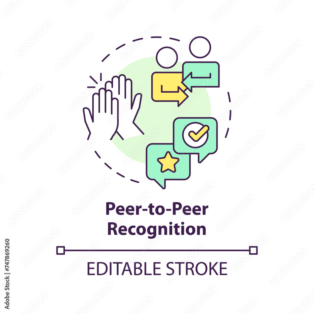 Peer to peer recognition multi color concept icon. Coworker support. Team spirit. Workplace culture. Colleague appreciation. Round shape line illustration. Abstract idea. Graphic design. Easy to use Peer to peer recognition multi color concept icon. Coworker support. Team spirit. Workplace culture. Colleague appreciation. Round shape line illustration. Abstract idea. Graphic design. Easy to use