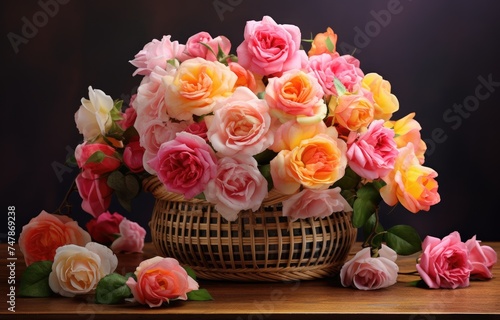 Wicker basket filled with white  pink and yellow roses