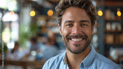 A happy, bearded man smiling directly at the camera with a café's blurred background providing a warm atmosphere