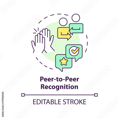 Peer to peer recognition multi color concept icon. Coworker support. Team spirit. Workplace culture. Colleague appreciation. Round shape line illustration. Abstract idea. Graphic design. Easy to use
