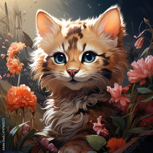 Cute Kitten Sitting on Lush Green Field with Flowers