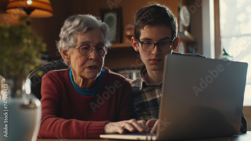 A grandmother and grandson share a moment of digital learning on a laptop.
