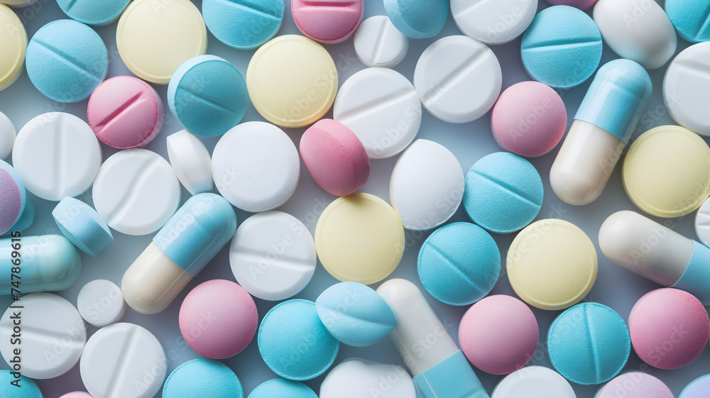 Pile of different medical pills, full-frame background. Neural network generated image. Not based on any actual scene or pattern. Pile of different medical pills, full-frame background. Neural network generated image. Not based on any actual scene or pattern.